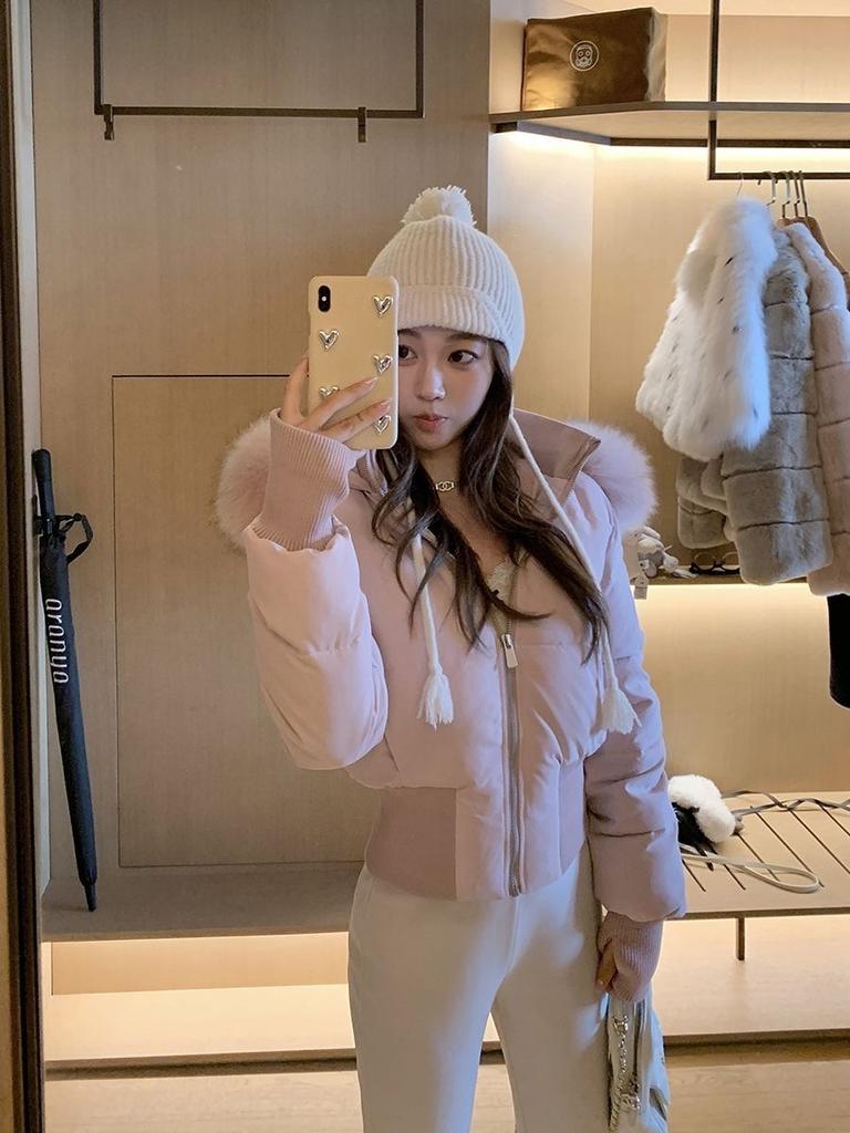 Korean style waist short cotton-padded clothes women's hooded big fur collar autumn and winter small people looking thin cotton-padded jackets are ava