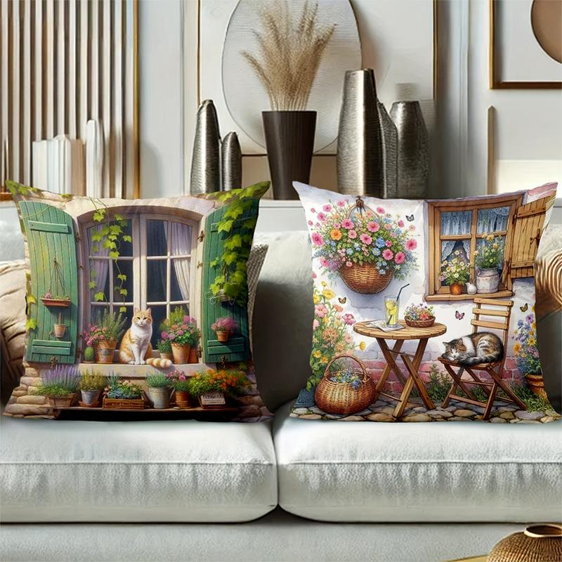 Charming Window With Flowers And Cat Pattern Pillows Polyester Pillowcase, Sofa Decorative Cushion Cov Headboard Pillow