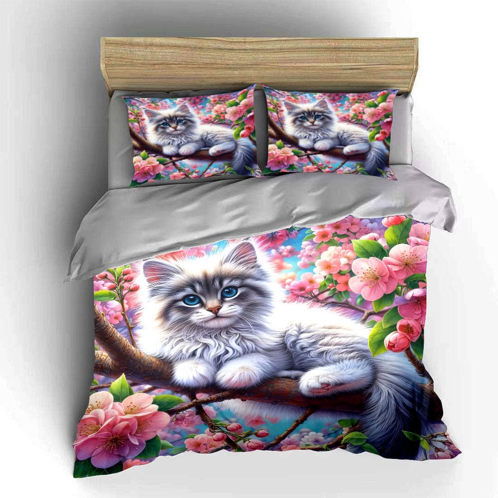 Cat among blooming flowers Print Bedding Set 1 Duvet Cover 2 Pillowcases for Adult and Children Luxury Gift Full Size