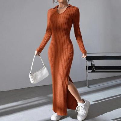 Vestido de mujer de primavera y otoño con escote en V, dobladillo con abertura, corte ajustado, manga larga, largo hasta el tobillo, tejido elástico, vestido largo para ir de compras, citas, vestido de fiesta