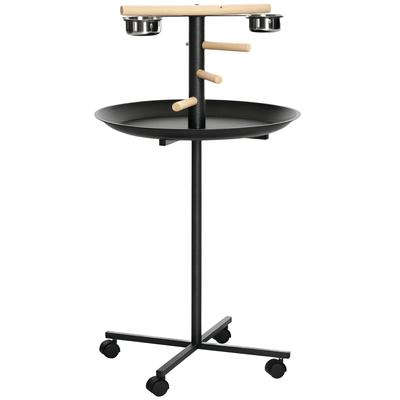 Parrot Perch, Standing Bird Feeder 4 Casters, 2 Stainless Steel Feeders, Diameter 60 X 111 Cm, Gray