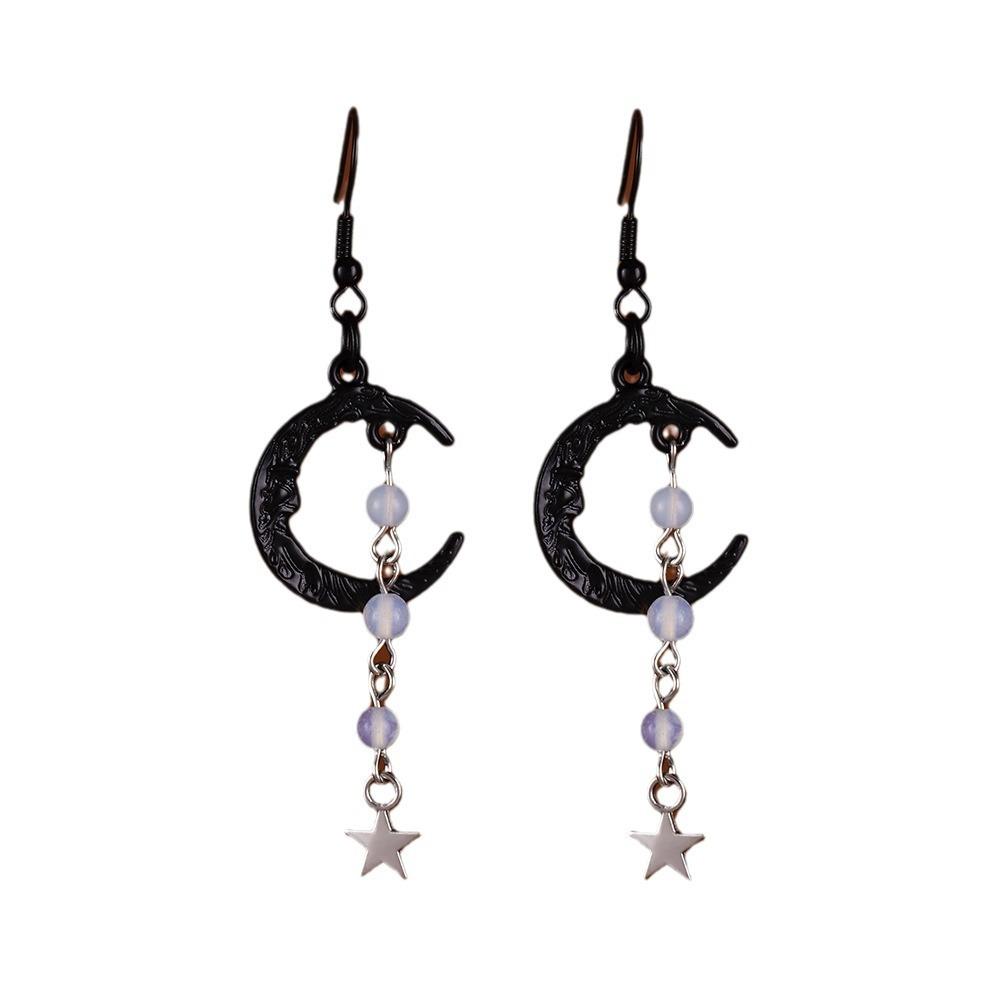 Gothic Retro Black Crescent Purple Crystal Beads Five-pointed Star Tassel Dangle Earrings for Women Hallowmas Party Jewelry Gift
