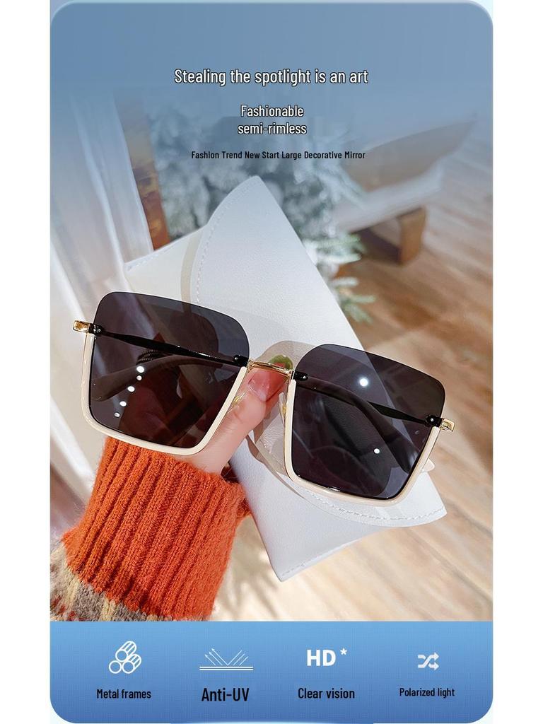 Retro Half-Frame Tea-Colored Sunglasses, Unisex 2025 Korean Style, High-End Net Red Fashion.