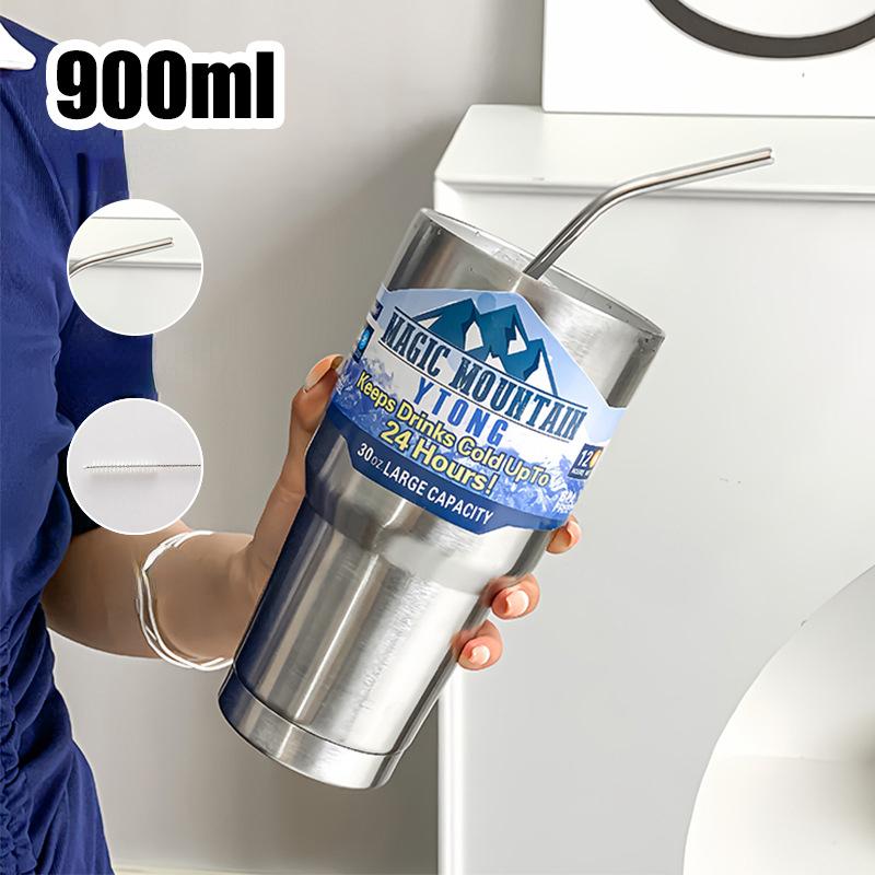 

900 мл кавова чашка-термос з нержавіючої сталі, вакуумна ізоляція, холодна пляшка для напоїв, дорожні кружки з соломою, автомобільні пляшки для води 900ml срібний/синій