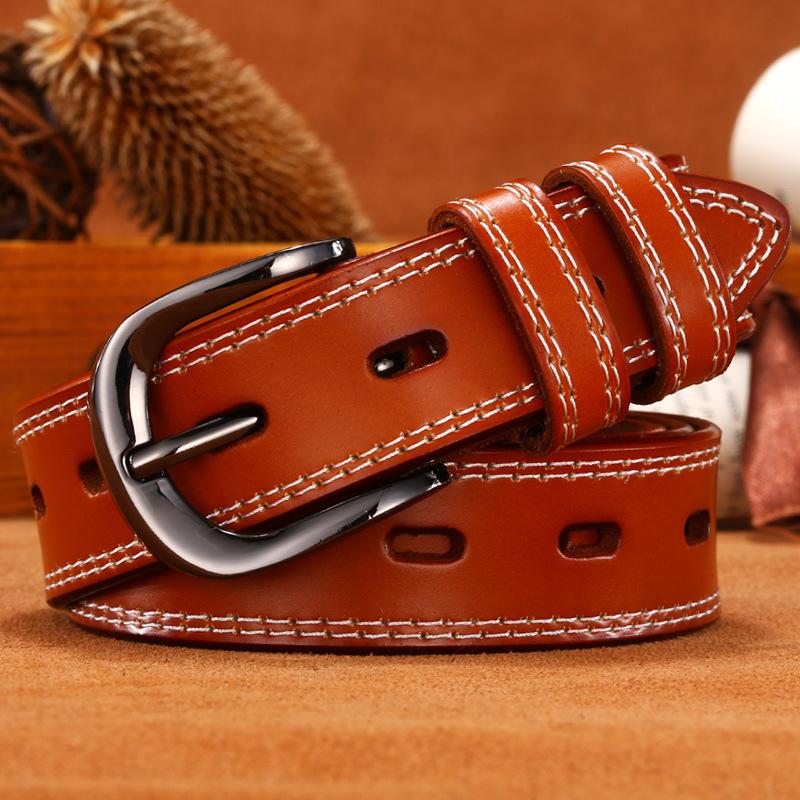 Retro Jeans With Women'S Casual Pin Buckle Cowhide Belt With Body Porous Belt