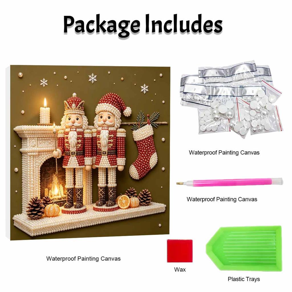 Handmade Framed Pearl Painting Set with Christmas Nutcracker Fireplace Design 5D Shiny Bead Art Canvas Creative Craft for Room Decor