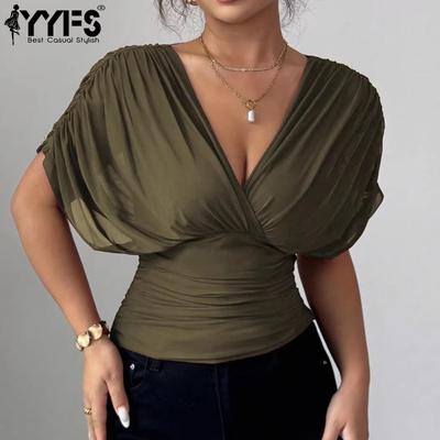 Women's Fashion Casual Summer Spring Solid Color Print Short Sleeve V-Neck Blouses & Shirts