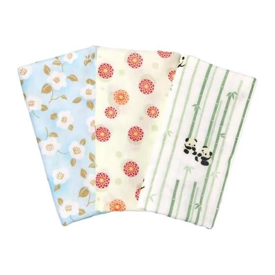 Cluster Japanese Tenugui Towel Set - Double Layered, Wasai Gauze, Fray-Resistant, Panda & Camellia Print, 3-Piece Set, 100% Cotton Gauze,