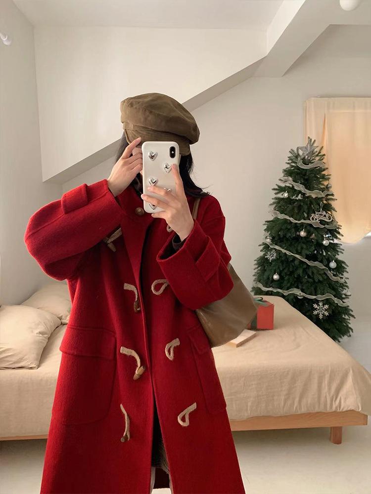 

Hooded double-sided woolen coat women s autumn and winter new wooden horn buckle long high-end woolen coat S