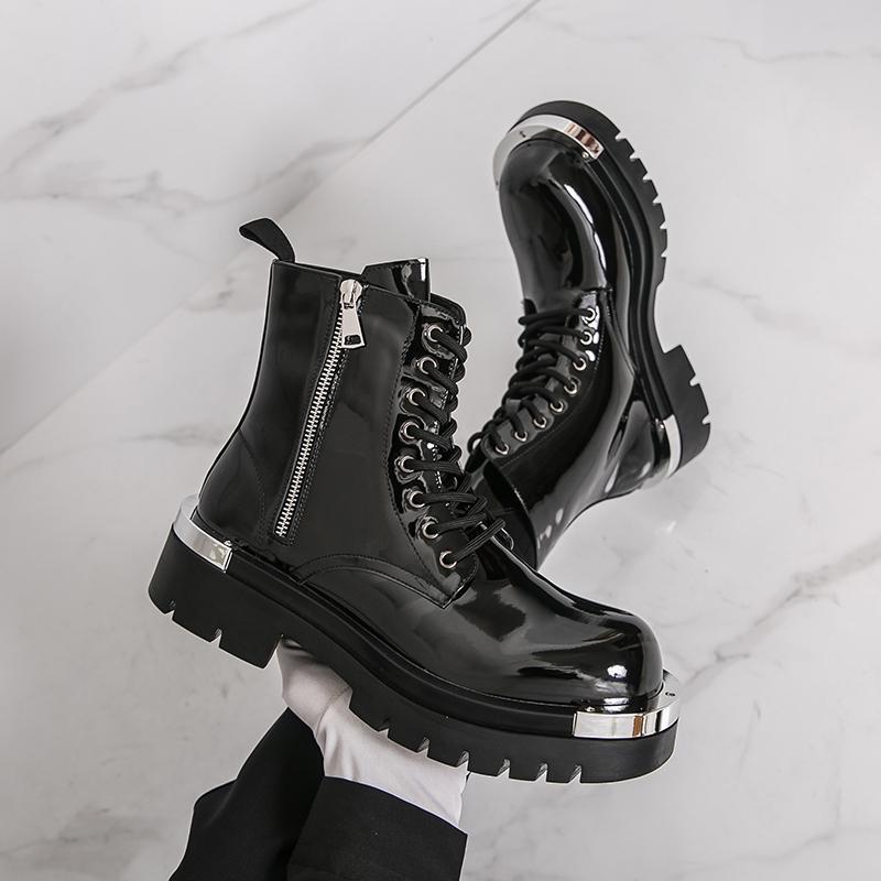 Men s Patent Leather Thick Sole Boots: Korean Style, British Short Design, Height Increasing, Bright Leather Finish 39