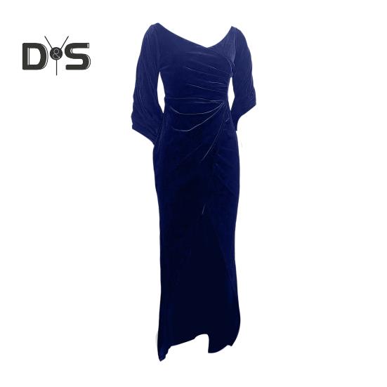 

Женское вечернее платье, обтягивающее, плиссированное, с открытыми плечами, разрезом, рукавами до локтя, для ежегодного симпозиума, свадьбы, выпускного вечера, макси-платья, бальное платье S синий