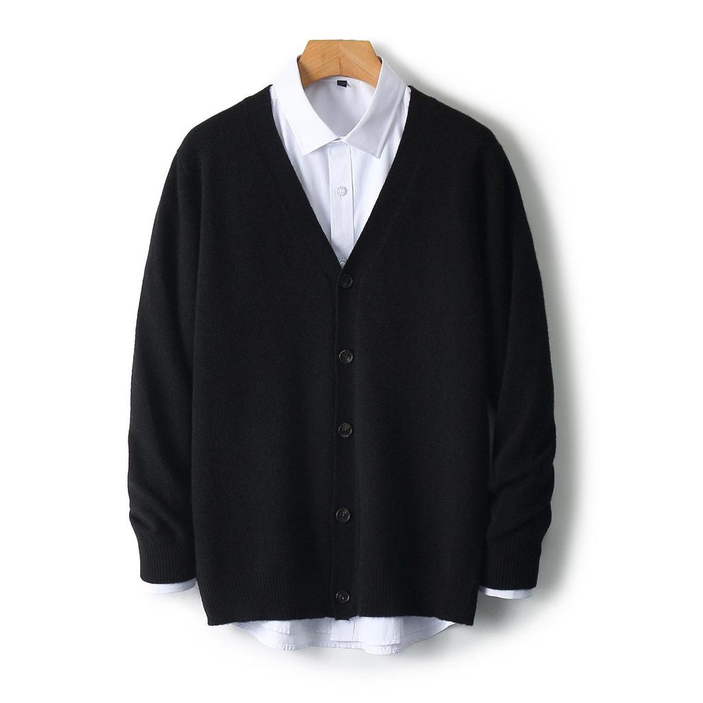 Men's V-neck Wool Cardigan: Autumn/Winter Business Casual Solid Color Long Sleeve, Warm Loose Knit Outerwear.