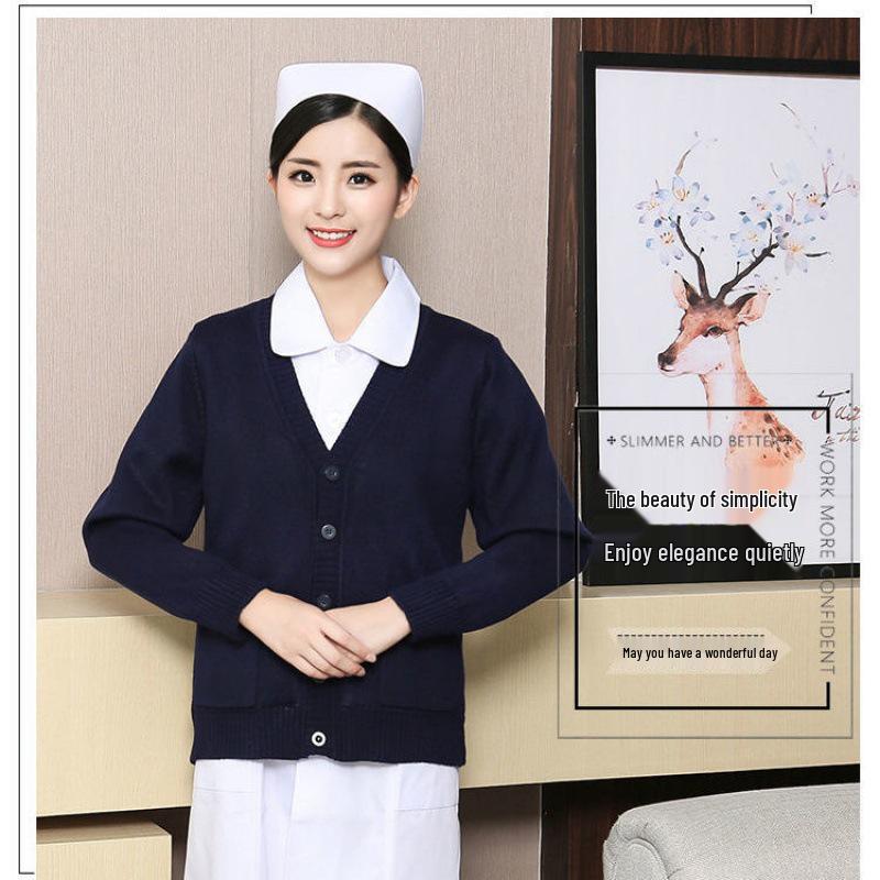 

Женский кардиган медсестры темно-синего цвета на флисовой подкладке - осенне-зимний тонкий вязаный форменный свитер S