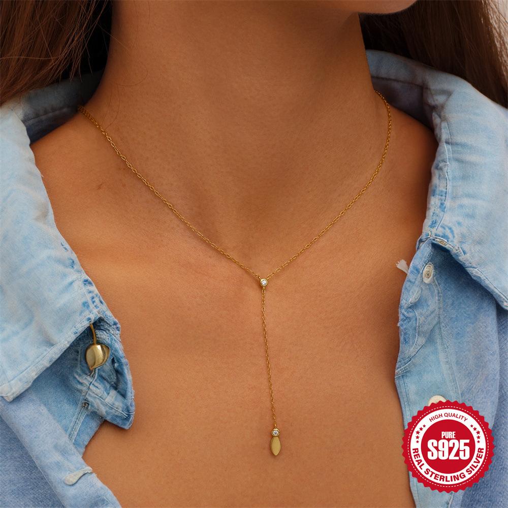 Stylish And Simple S925 Sterling Silver Daily With Water Drop Diamond-Encrusted Women'S Collarbone Necklace Y-Shaped Chain