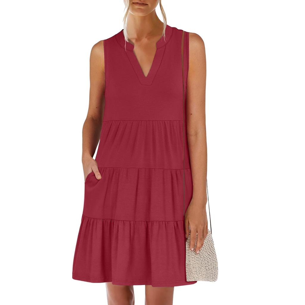 Women's Summer Fashion V-neck Sleeveless Patchwork Solid Color Casual Dresses