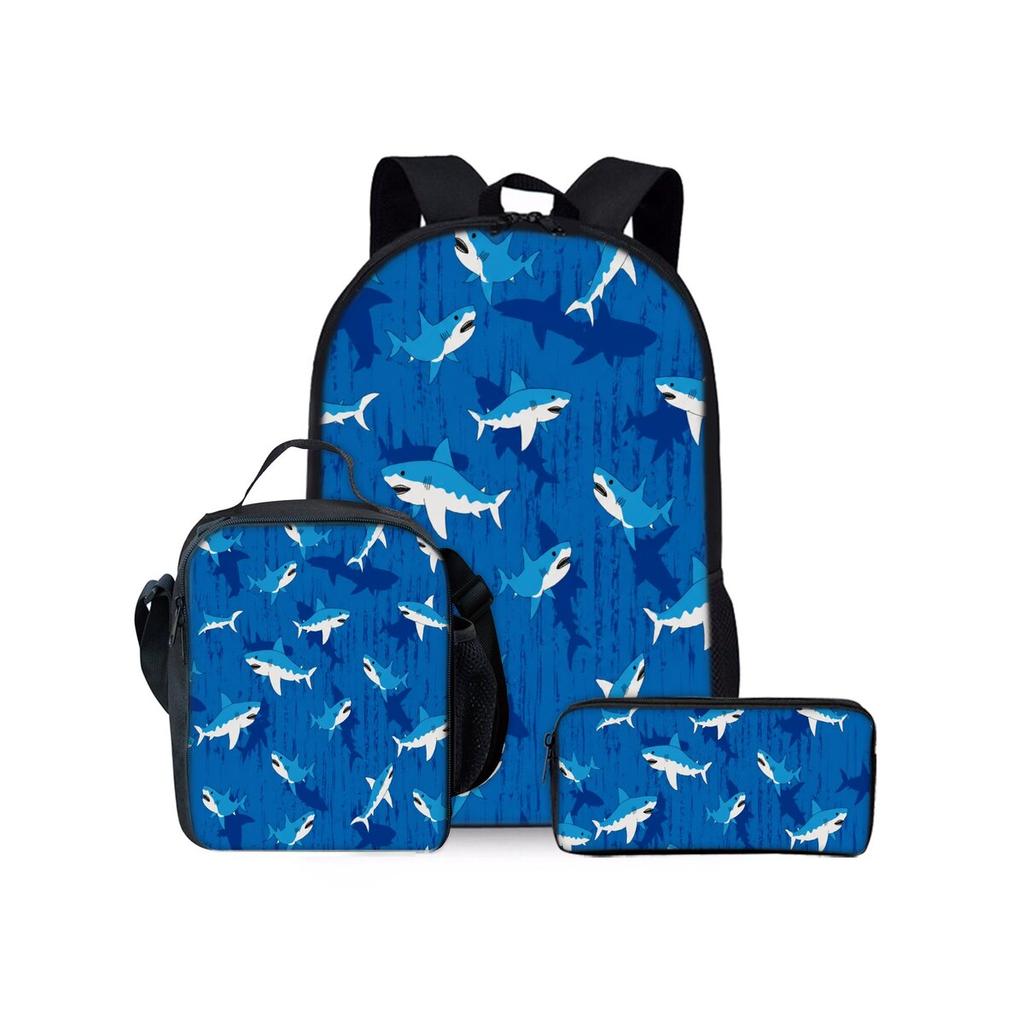 Hai Meeresmotiv Dreiteiliges Rucksäcke Set für Jungen und Mädchen Beste Geschenke 2D Flache Cartoon Schultasche für Kinder
