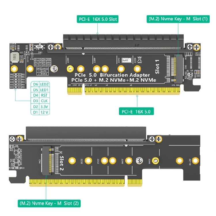 Fast speed PCIe 16X 5.0 to Double NVME + PCIE X16 Adapters Card with AntiInterference for 32Gbps Data Transfer