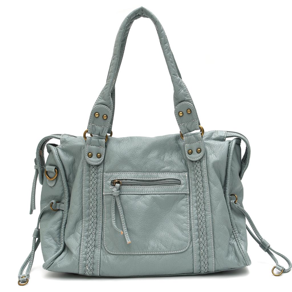 Vintage Washed PU Leather Large Capacity Tote Zip Pockets Braid Decor Shoulder Cross body Bag Unisex Women Daily Travel Handbag