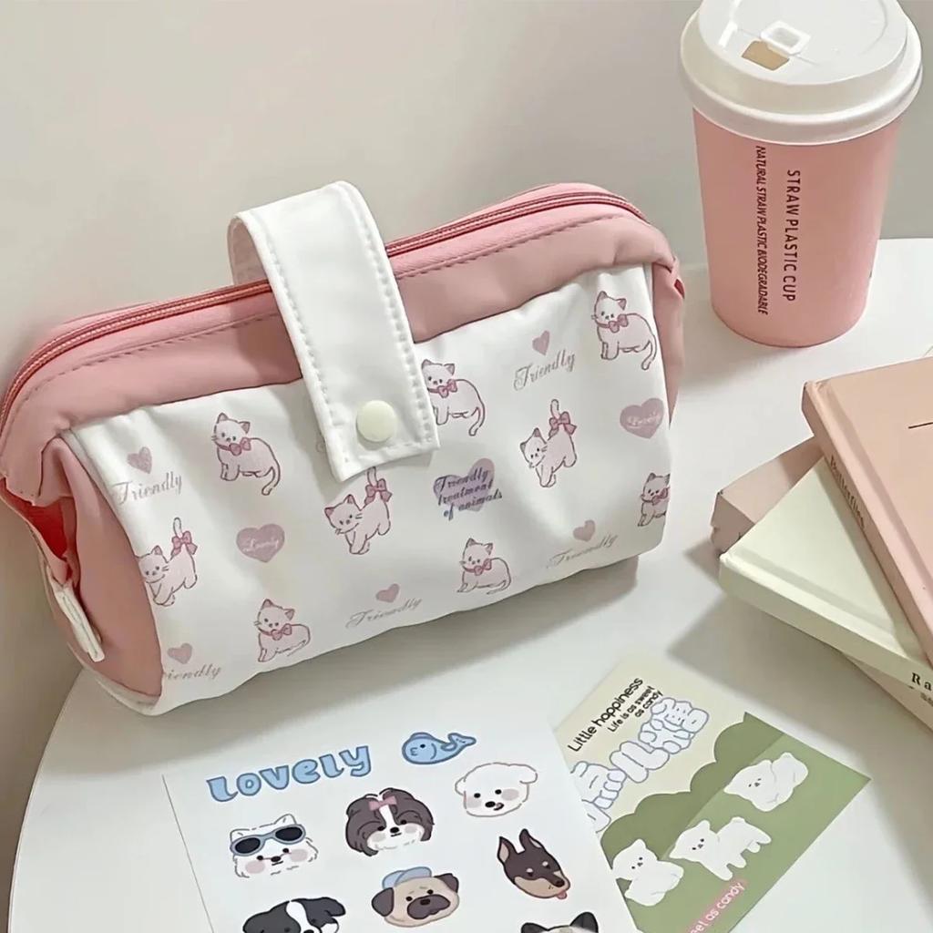 Cute Pink Cat Printed Pencil Case Back To School Ins Style Large Capacity Eco-Friendly Student Stationery Organizer & Makeup Bag