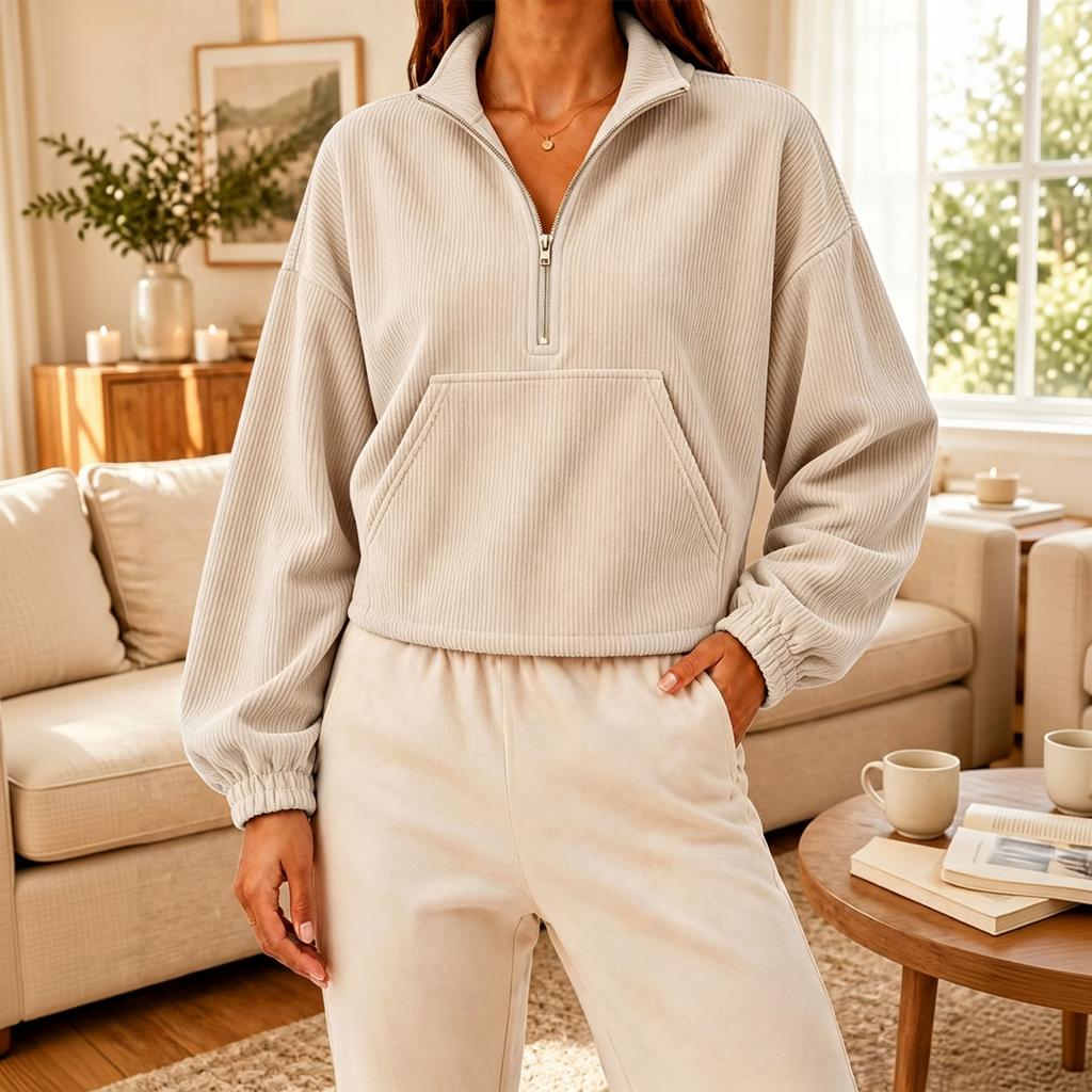 Women's Fashion Color Half-Zip Mock Neck Long Sleeve Sweatshirt with Pockets