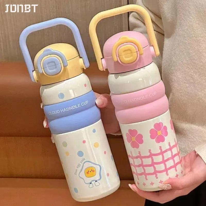 600ml Cartoon Vacuum Thermos Flask With Straw Portable Double Drink Adult Children Coffee Cups Thermal Water Bottle Drinkware