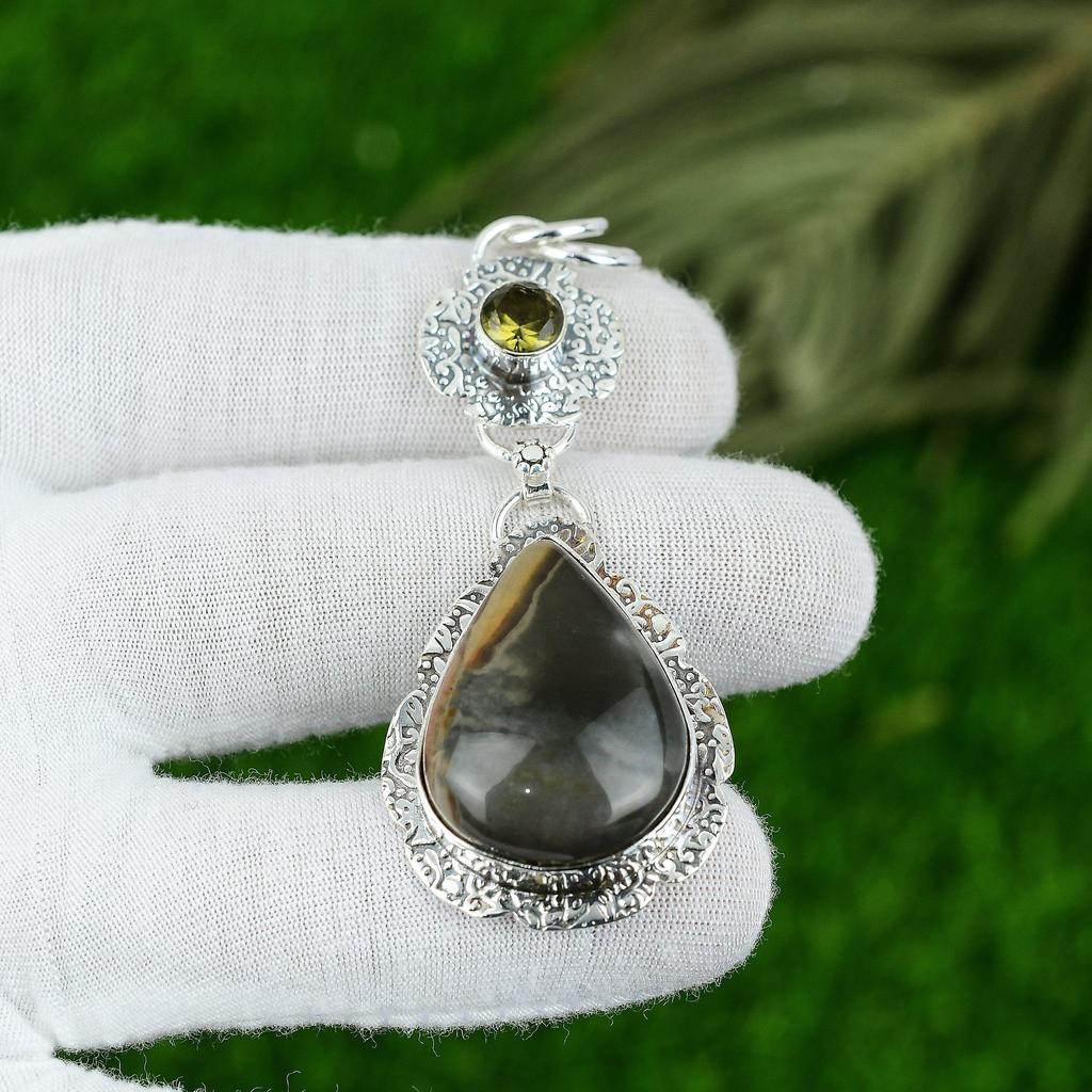 Natural Polychrome Jasper Gemstone Pendant Green 925 Sterling Silver Jewelry