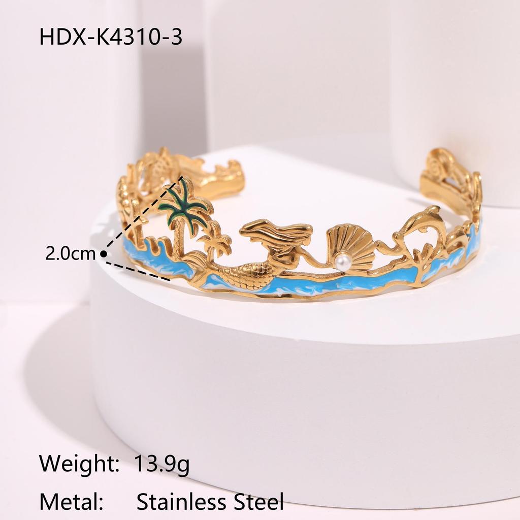 Ocean Style Mermaid Bangle with Coconut Tree & Pearl Inlay, Stainless Steel Jewelry
