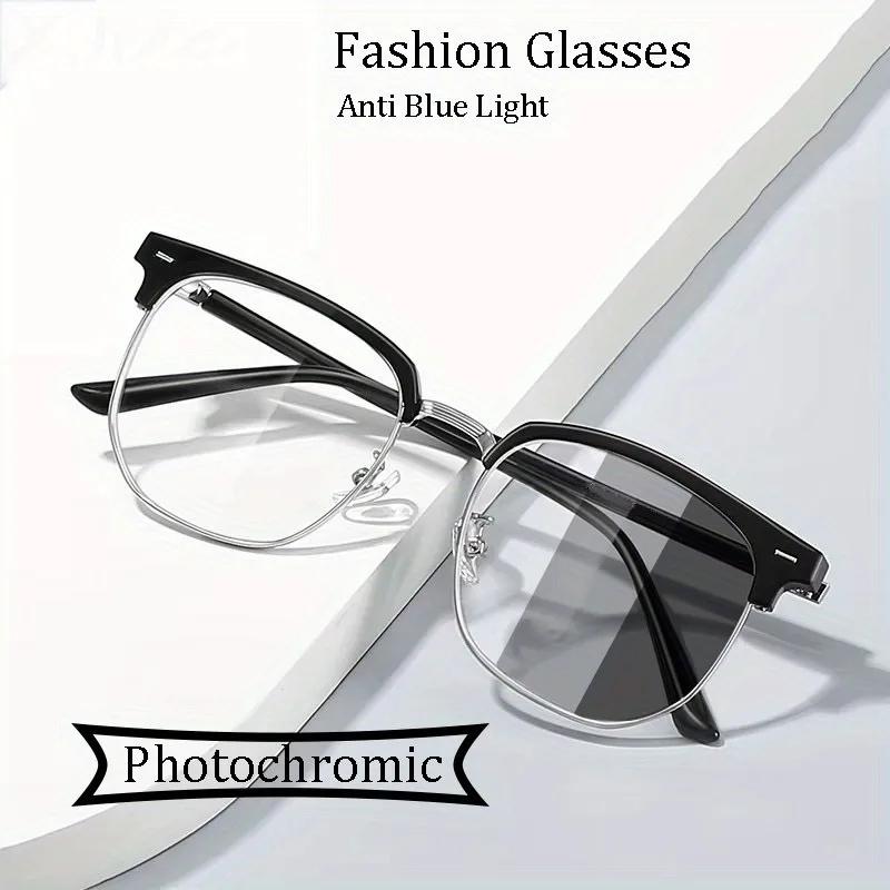 Vintage Pochromic Half-Frame Glasses for Men Anti-Blue Light Color Changing Rectangular Computer Eyewear