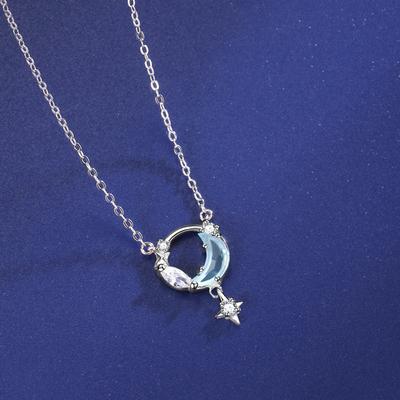 Koreanischen Stil Einfache Mond Sterne Colliers Halskette Licht Luxus Blau Stein Anhänger Halsketten Für Frauen Schmuck Geschenke