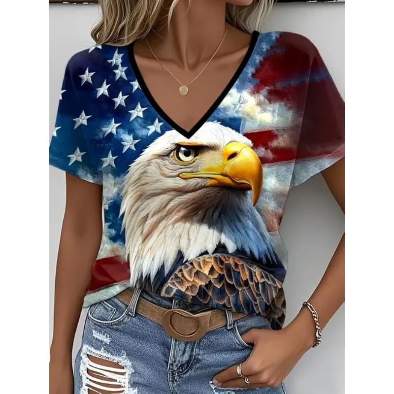 Summer New Women's T-shirt Fashionable Casual Versatile Plant Vacation Style 3D Printed V-neck Short Sleeved Top