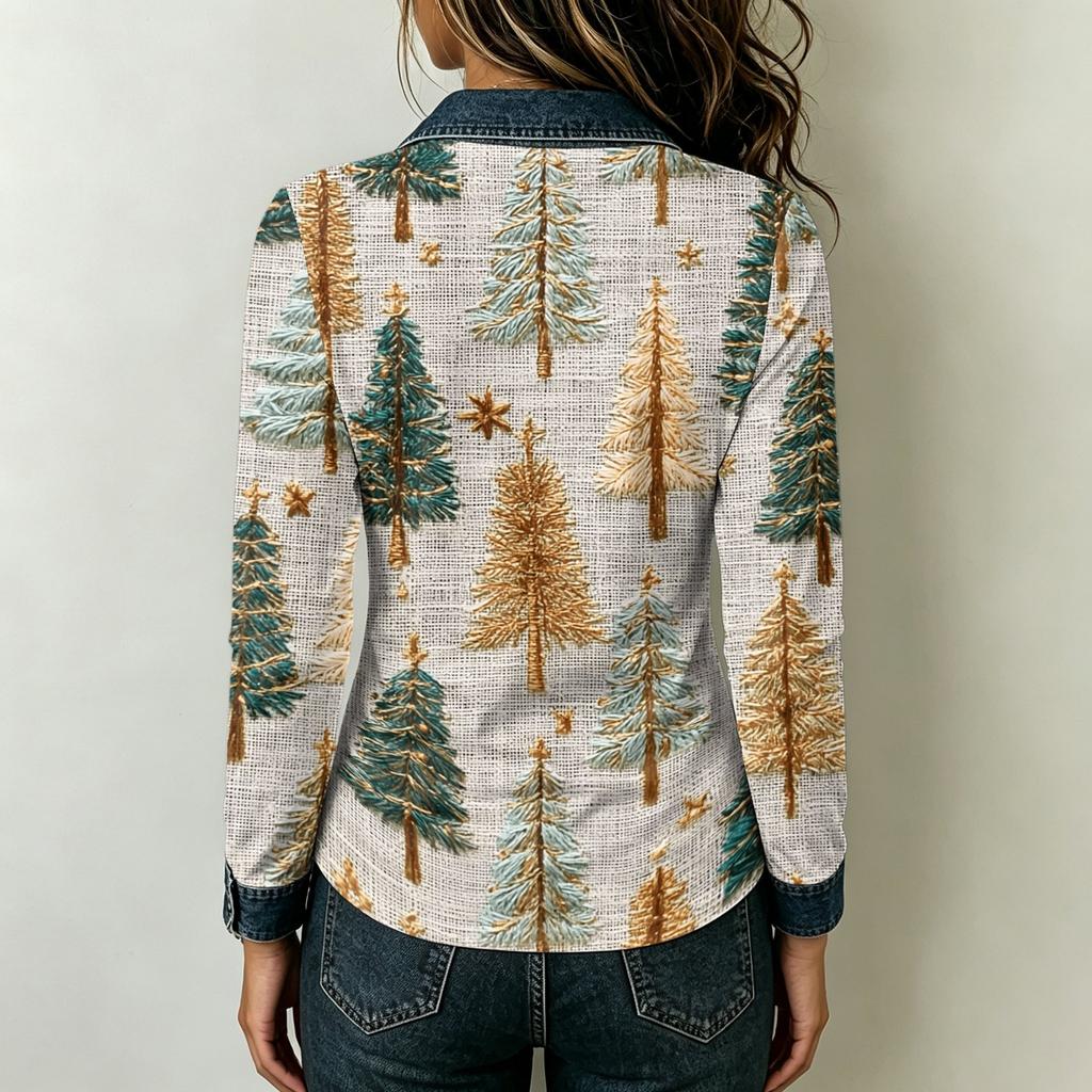 Stylish Women's Casual Loose Fit Long Sleeve Christmas Print Patchwork Top for Holiday Parties