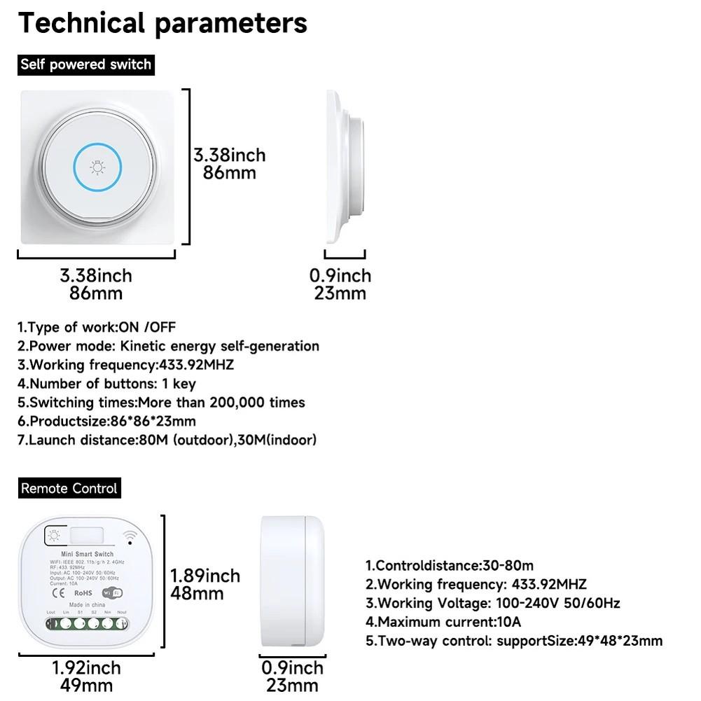 250V Wireless Light Switch with Receiver Set Battery No Wiring Required RF433 Signal Range up to 30 Meters for Home