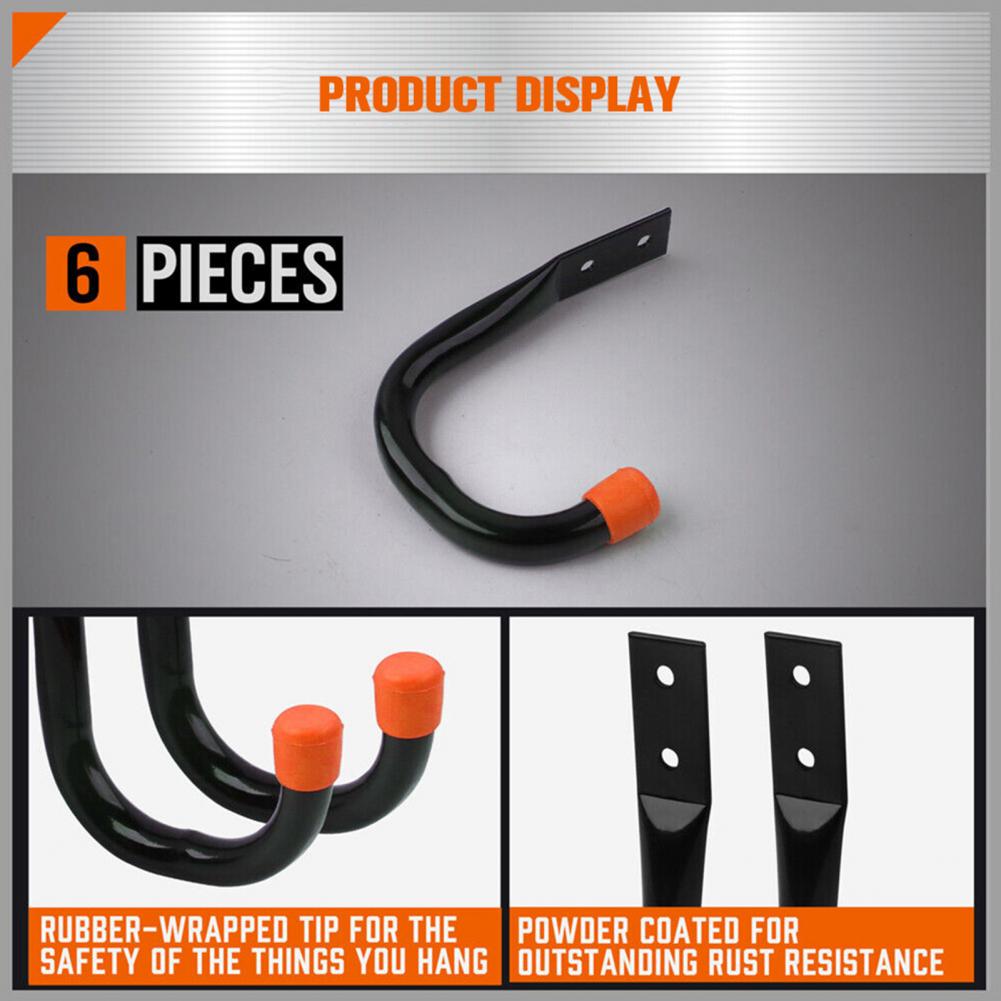 6 Pcs J-shaped Hook Wall Mount Hook for Hanging Bike Ladder Gardening Tools  Heavy Duty Storage Hook Garage Hanger Coated Iron