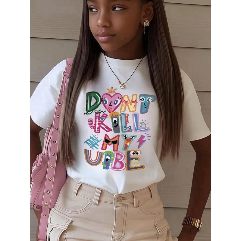 

European sizes Girls Casual Letter Print Round Neck Short Sleeve T-Shirt, Summer Casual Wear - Minimalist English Letter Style T-Shirt 98cm