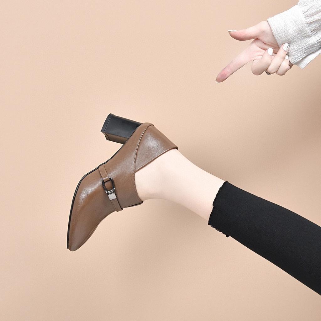 Fashion pointed single shoes 2025 spring new simple thick heel first layer cowhide one pedal two wear deep high heel women's shoes