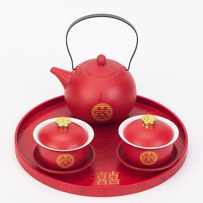Chinese Style Double Happiness Porcelain Tea Set, Teapot and Cups, Gaiwan with Saucer, Ceremony Set Gifts, Wedding Celebration