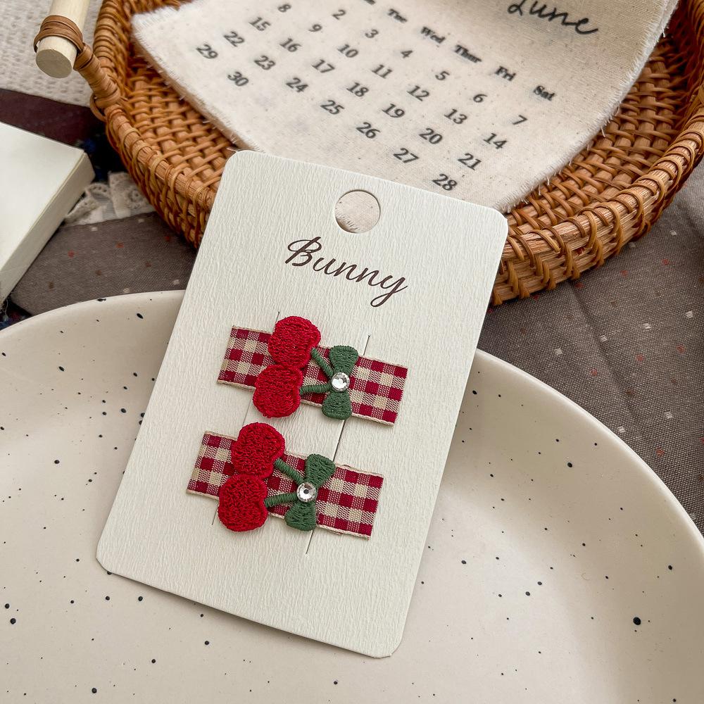 2pcs Red Plaid Bow Cherry Apple Children's Hairpin Cute Girl Elastic Hair Band Hair Rope Tie BB Clip Sweet Baby Hair Accessories