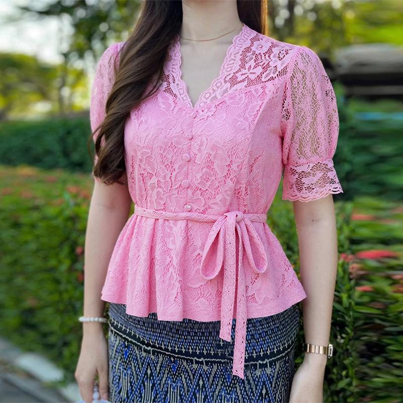 

ZANZEA Женская повседневная блузка с V-образным вырезом, коротким рукавом и летним кружевом S