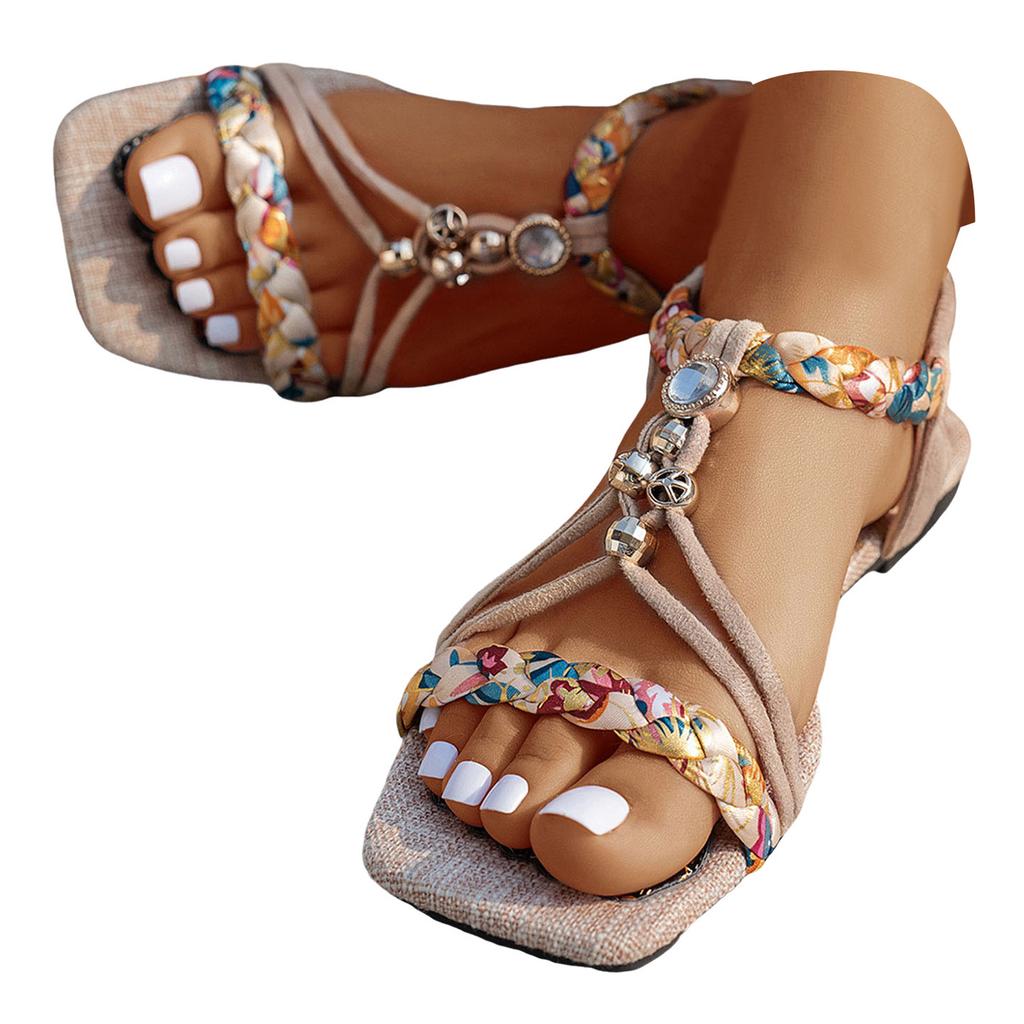 Bohemian Women'S Braided Hollow Shoes Thin Bottom Rhinestone Supportive Shoes For Women Sandals Bow Tie Sandals For Women Size 5
