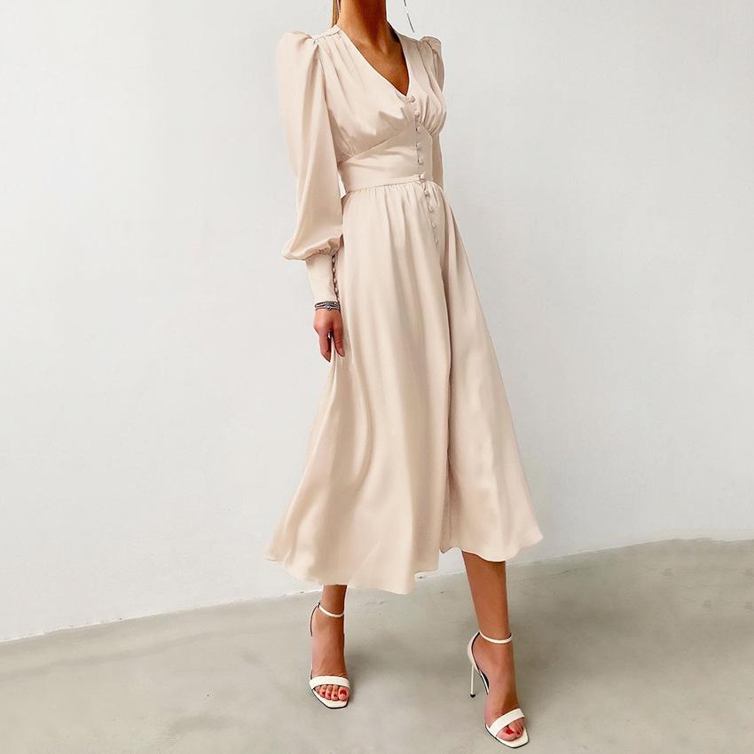 White Single Breasted Elegant Dress for Women Party Robe High Waist Satin Long Dress