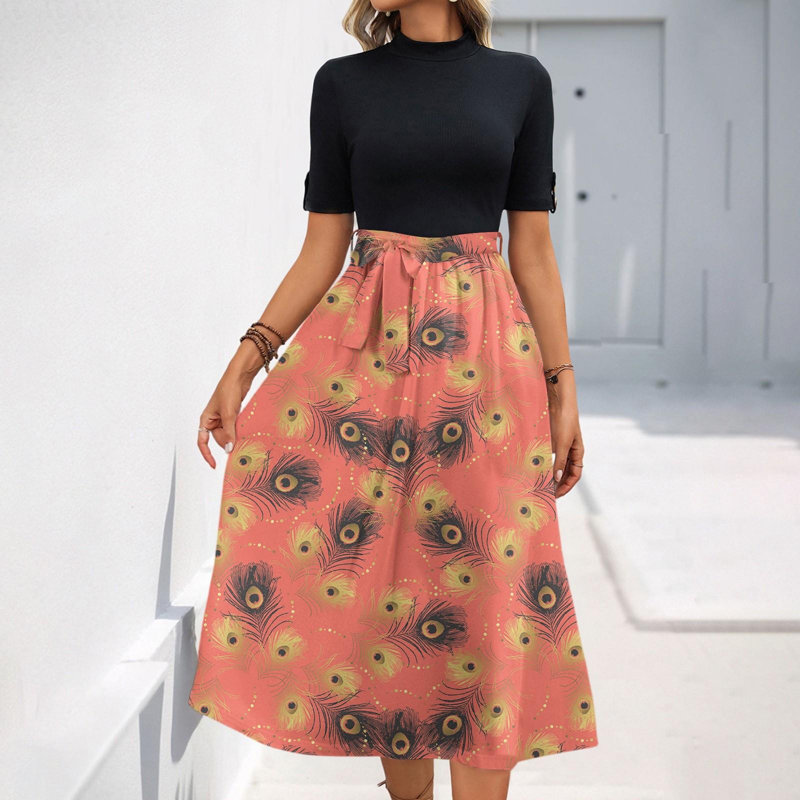 

Женское модное повседневное платье с коротким рукавом и круглым вырезом с цветочным принтом и элегантным темпераментом XL арбуз красный