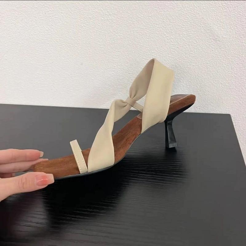 Fashion High-heeled Slippers Women's Design Sense Apricot Wrap-around with Square Toe Stiletto Sandals