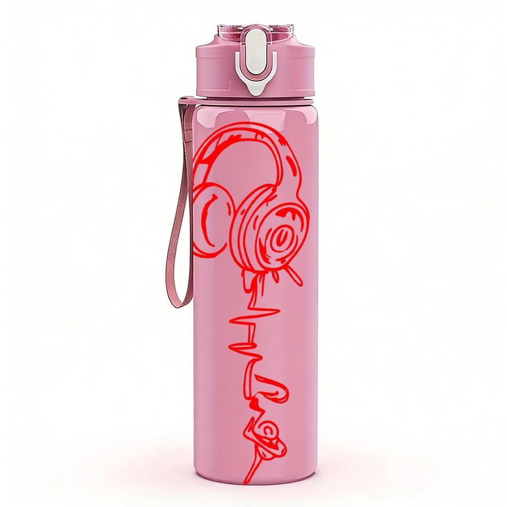 1PC Red Headphone Line Art 750ml Color Plastic Sports Water Bottle Leakproof Flip Straw Lid Suitable for Sports Office Home Use