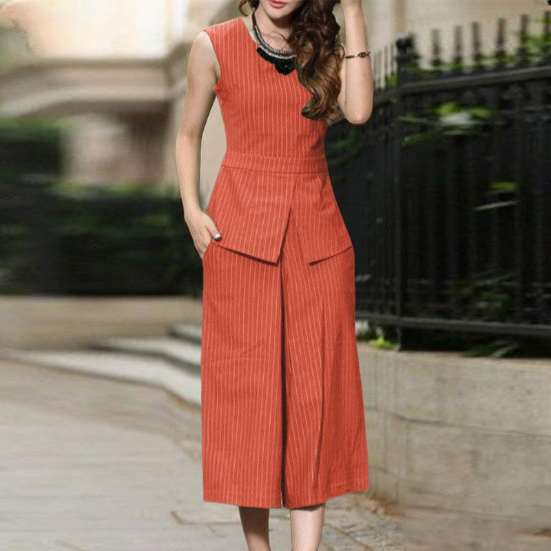 ZANZEA Women Sleeveless Vest Tops and Capris Pants Stripe Print Tow Piece Sets