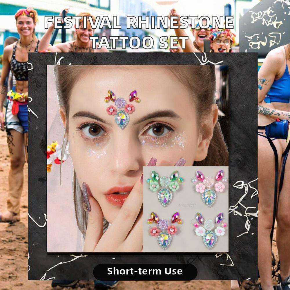 Festival Party Body Art Temporary Tattoo Sticker Set Rhinestone Face Gem & Rainbow Flower Jewels Adhesive for Body Decorations