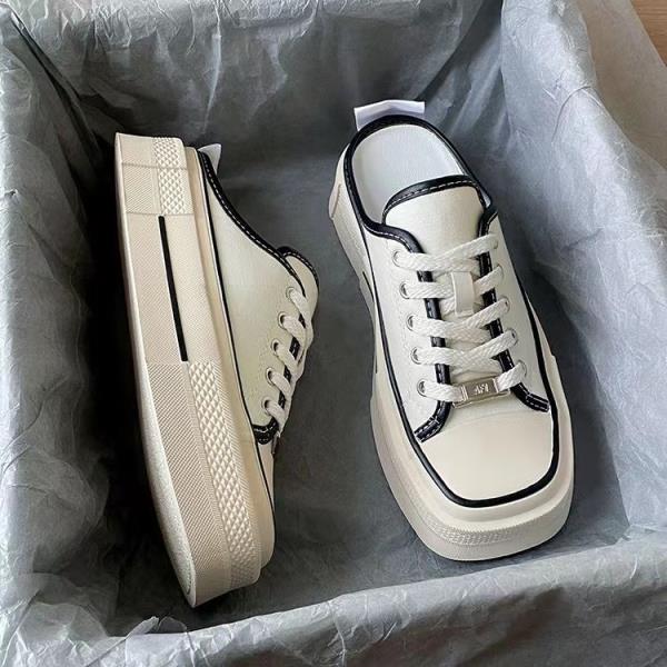 Fashion Square Toe Shoes Slippers Flat Low Slipers Women Slides Cover 2025 Soft Cotton Fabric Casual Canvas Lace-Up Spring Rome Rubber H