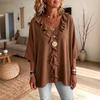 Women's V Neck Three Quarter Sleeve Blouse Loose Fit Ruffle Front Solid Linen Casual Top