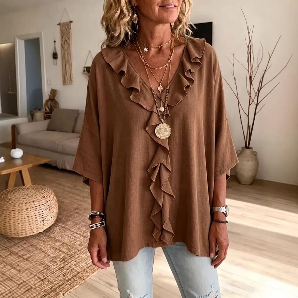 Women's V Neck Three Quarter Sleeve Blouse Loose Fit Ruffle Front Solid Linen Casual Top
