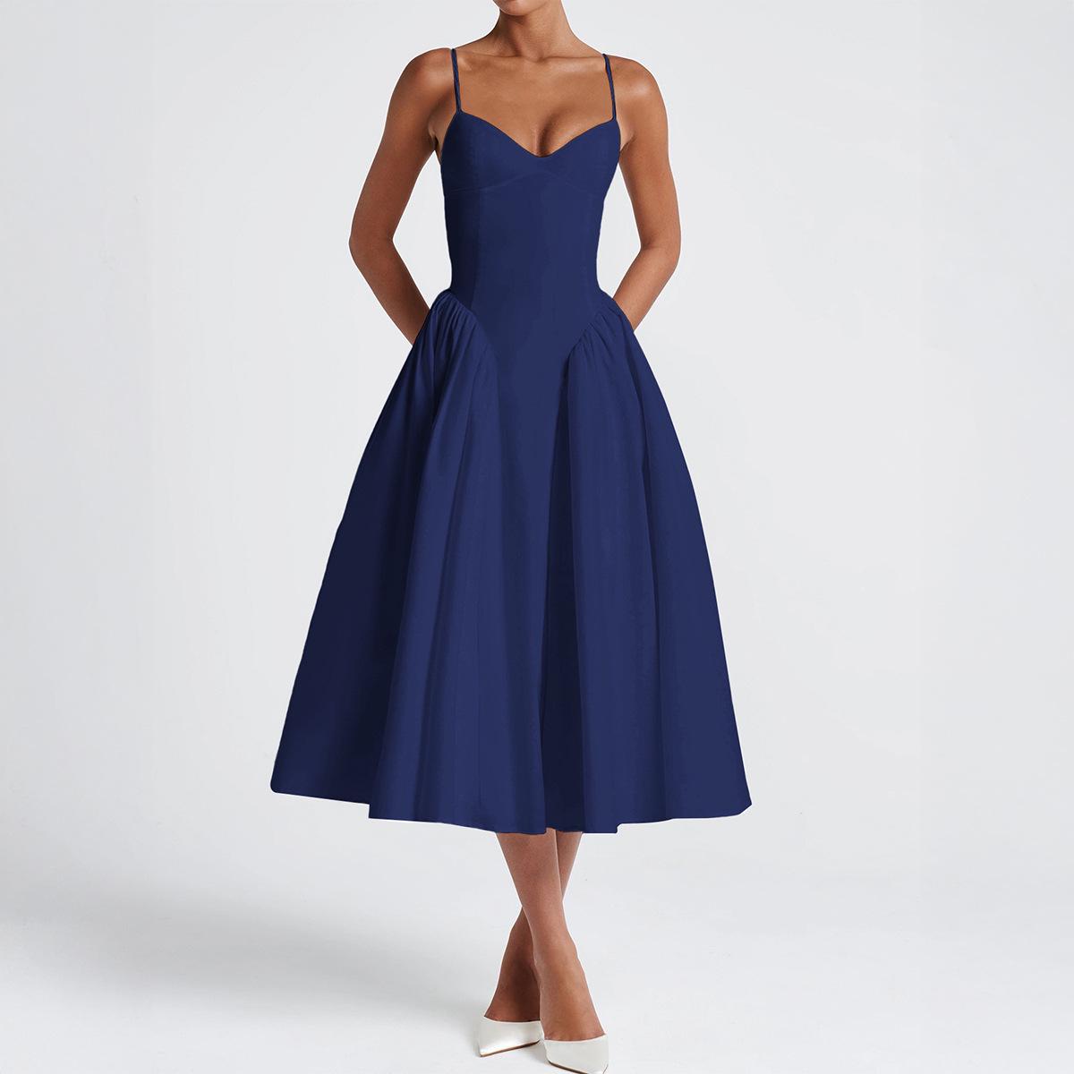 Di Yun Elegant Spaghetti Strap Solid Color Long Dress - Women s High-End Fashion 2025 Autumn/Winter Collection Extra Large темно-синий