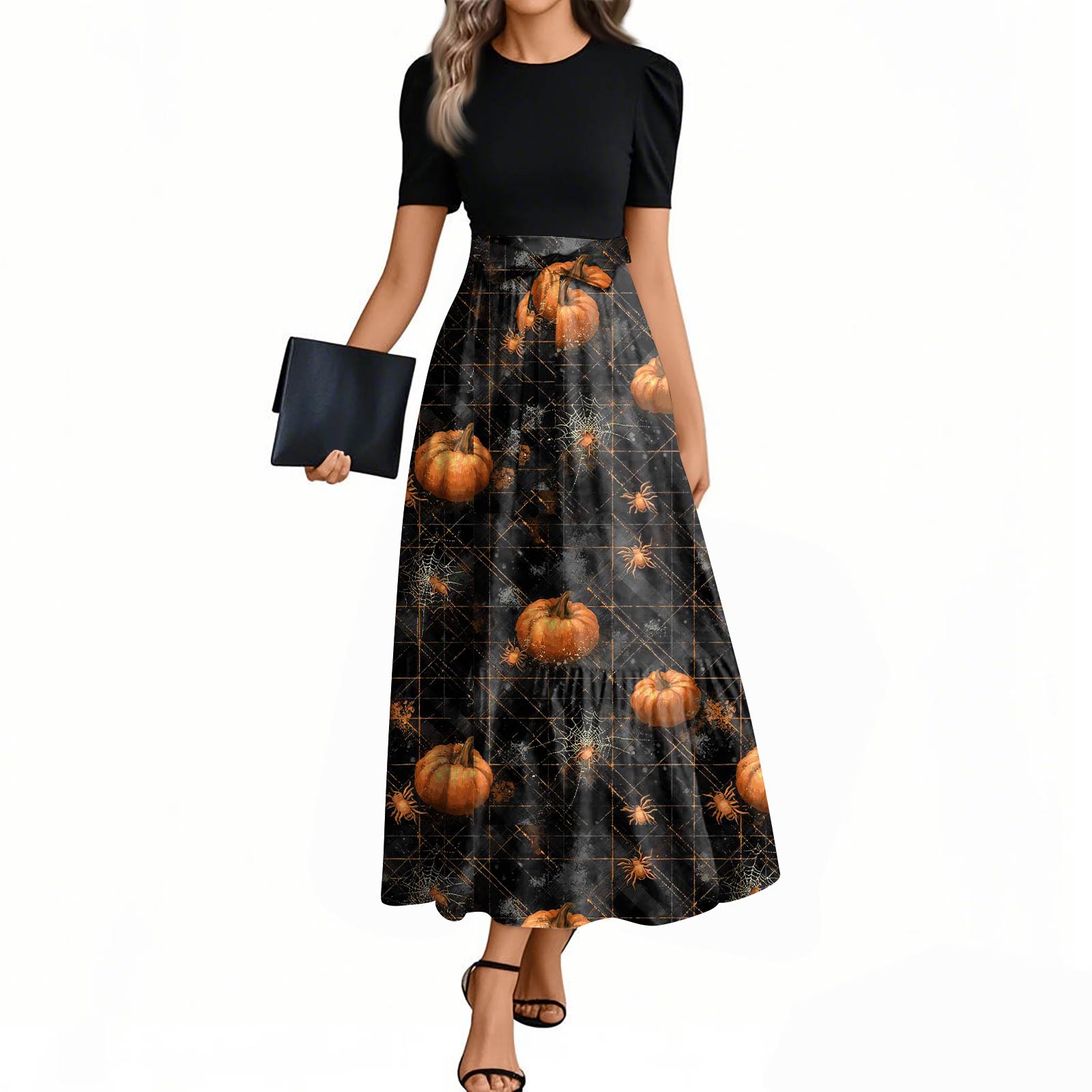 

Women s Fashion Casual Belted Short Sleeve Round Neck Halloween Print Elegant Dress XXL